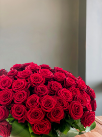 Luxurious bouquet of long stem red roses, showcasing deep red blooms and fresh greenery